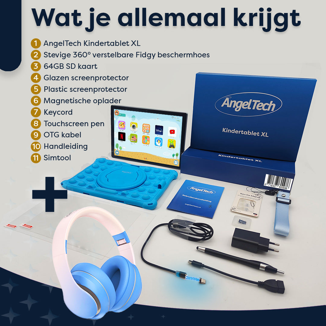 AngelTech Kinderpakket XL - Kindertablet + Kinderkoptelefoon