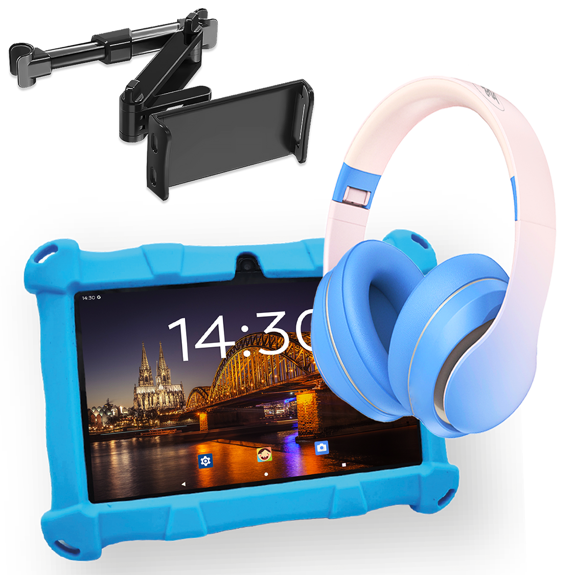 AngelTech Unterwegs-Paket SLIM – Kindertablet + Tablethalterung fürs Auto