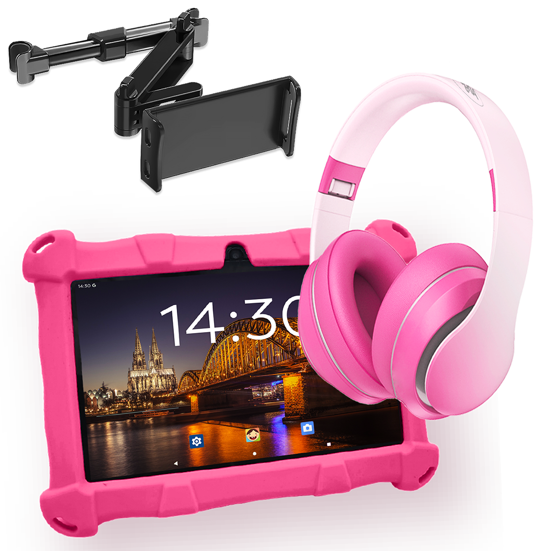AngelTech Unterwegs-Paket SLIM – Kindertablet + Tablethalterung fürs Auto