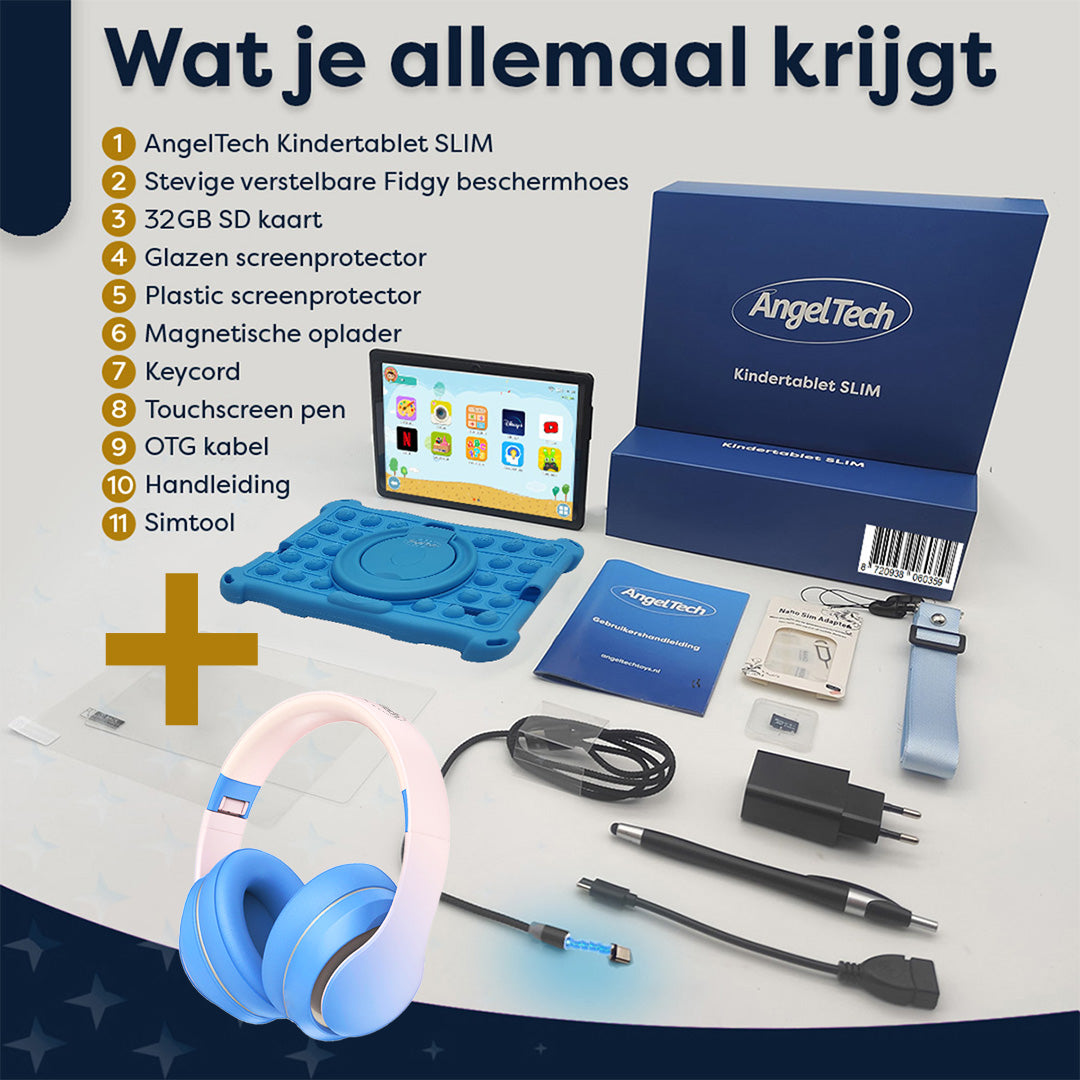 AngelTech Kinderpakket SLIM - Kindertablet + Kinderkoptelefoon