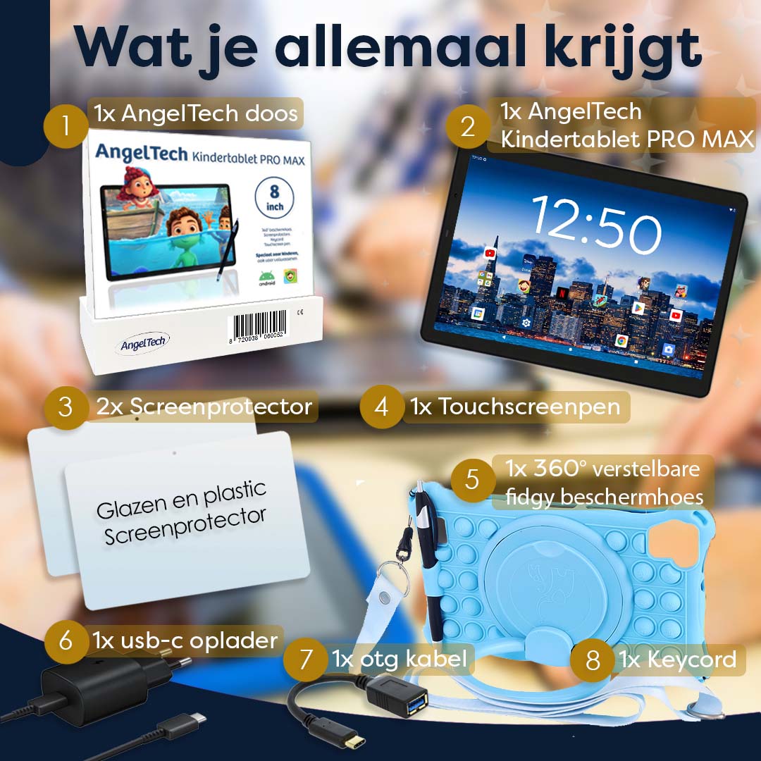 AngelTech Kindertablet PRO MAX Blauw 8 inch Inclusief 64GB SD-kaart