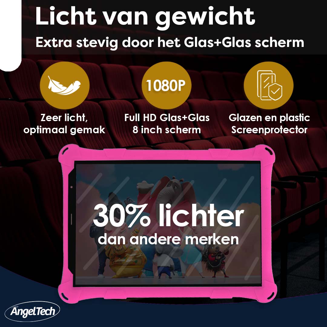 AngelTech Kindertablet PRO MAX Roze 8 inch Inclusief 64GB SD-kaart