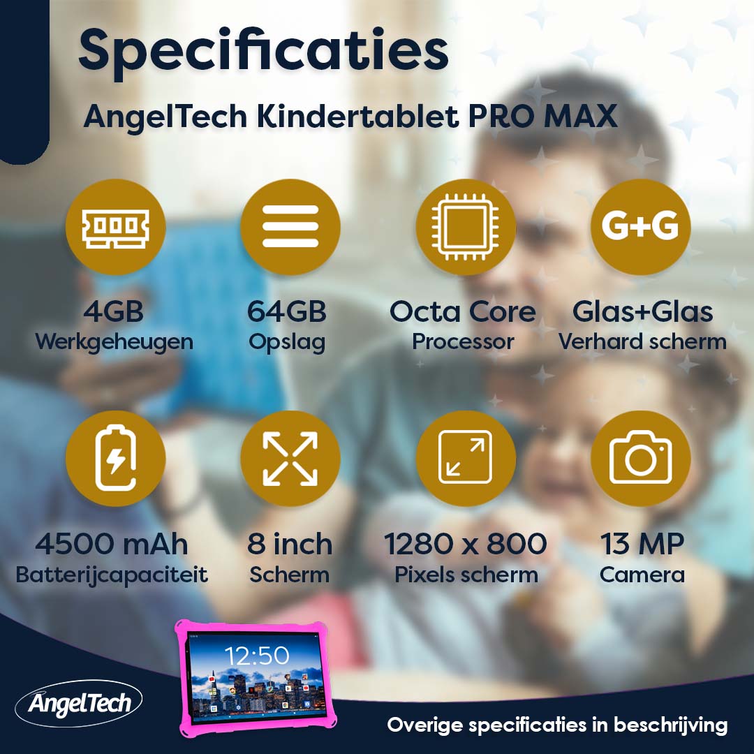 AngelTech Kindertablet PRO MAX Roze 8 inch Inclusief 64GB SD-kaart