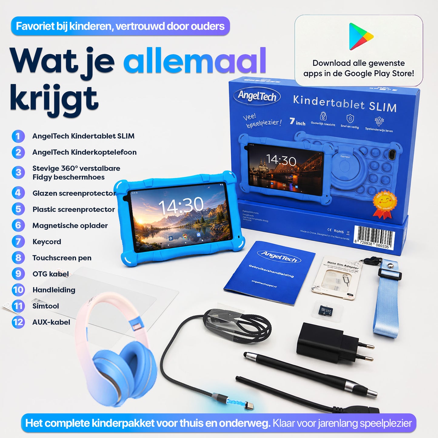 AngelTech Kinderpakket SLIM - Kindertablet + Kinderkoptelefoon