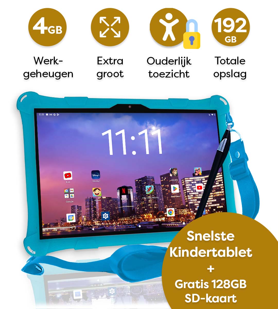 AngelTech Kindertablet XL PRO II 10 inch Blauw Inclusief 128GB SD-kaart